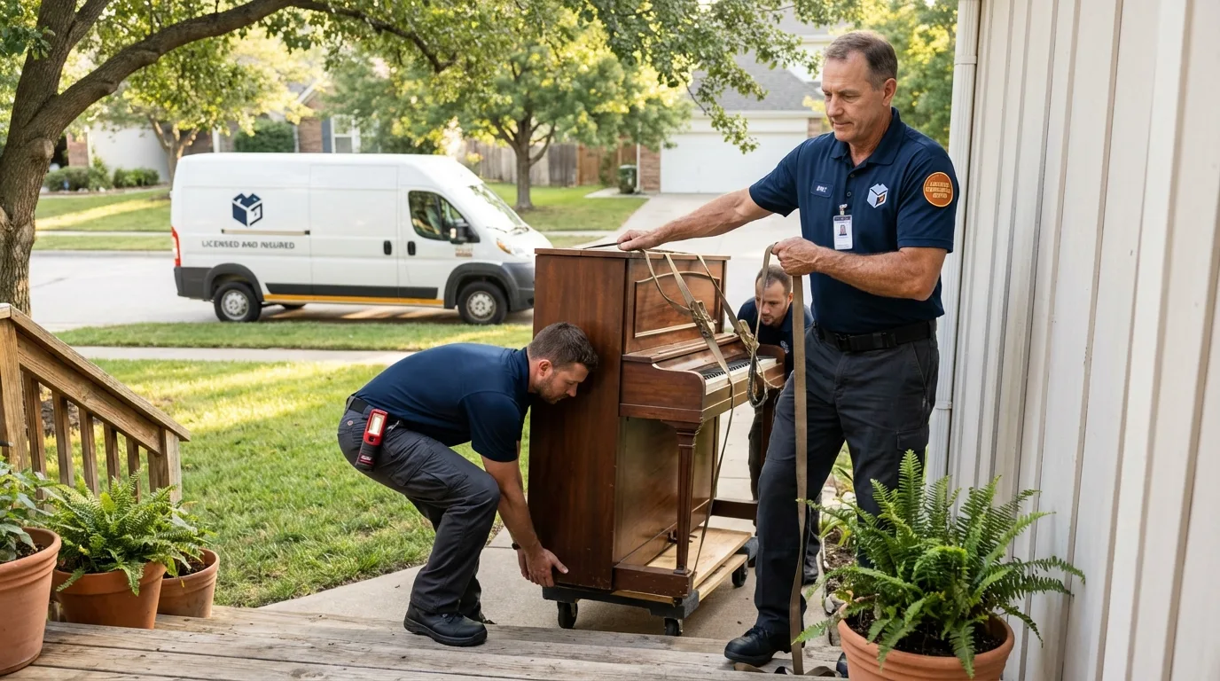 Licensed piano movers securing grand piano in Red Bud, IL