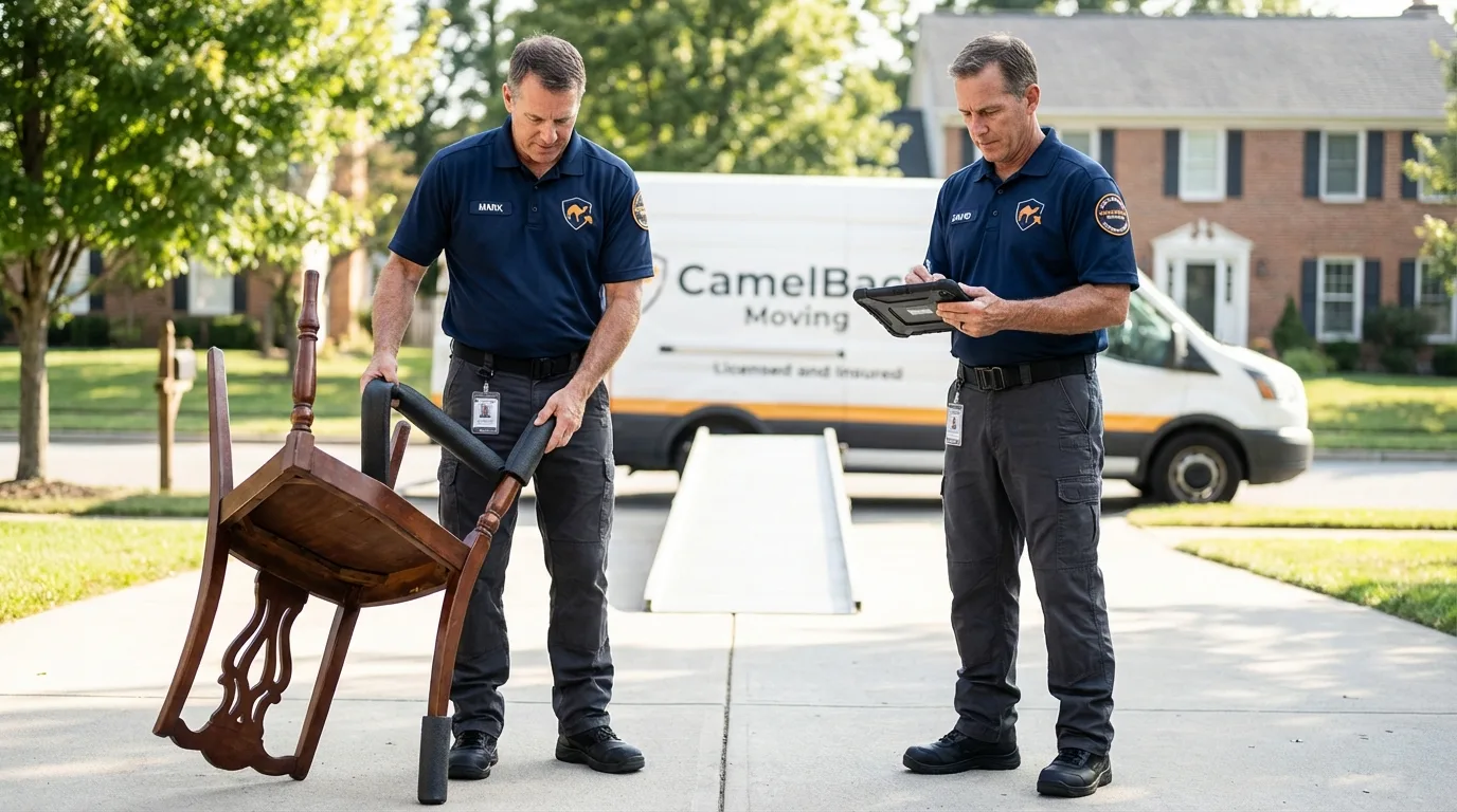 Movers inspecting furniture for damage prevention before loading in Red Bud, IL