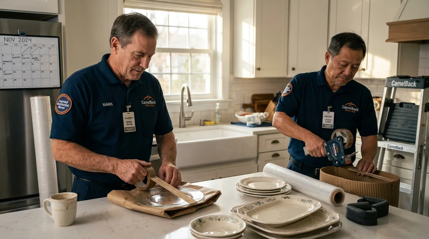 Professional crew packing kitchen dishware in Red Bud, IL
